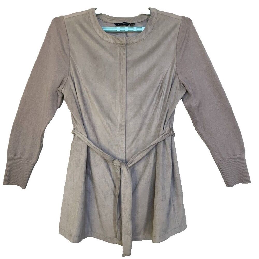 H by Halston Faux Suede Women's Jacket 18W Taupe Belted Zip Knit Sleeves